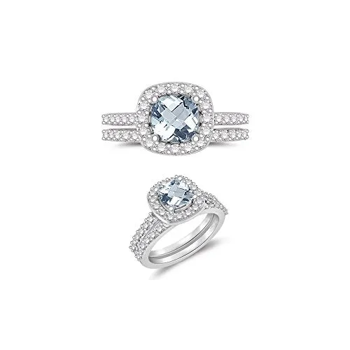 0.68 Cts Diamond & 1.66 Cts AA  Aquamarine Engagement-Wedding Ring Set in 14K White Gold
