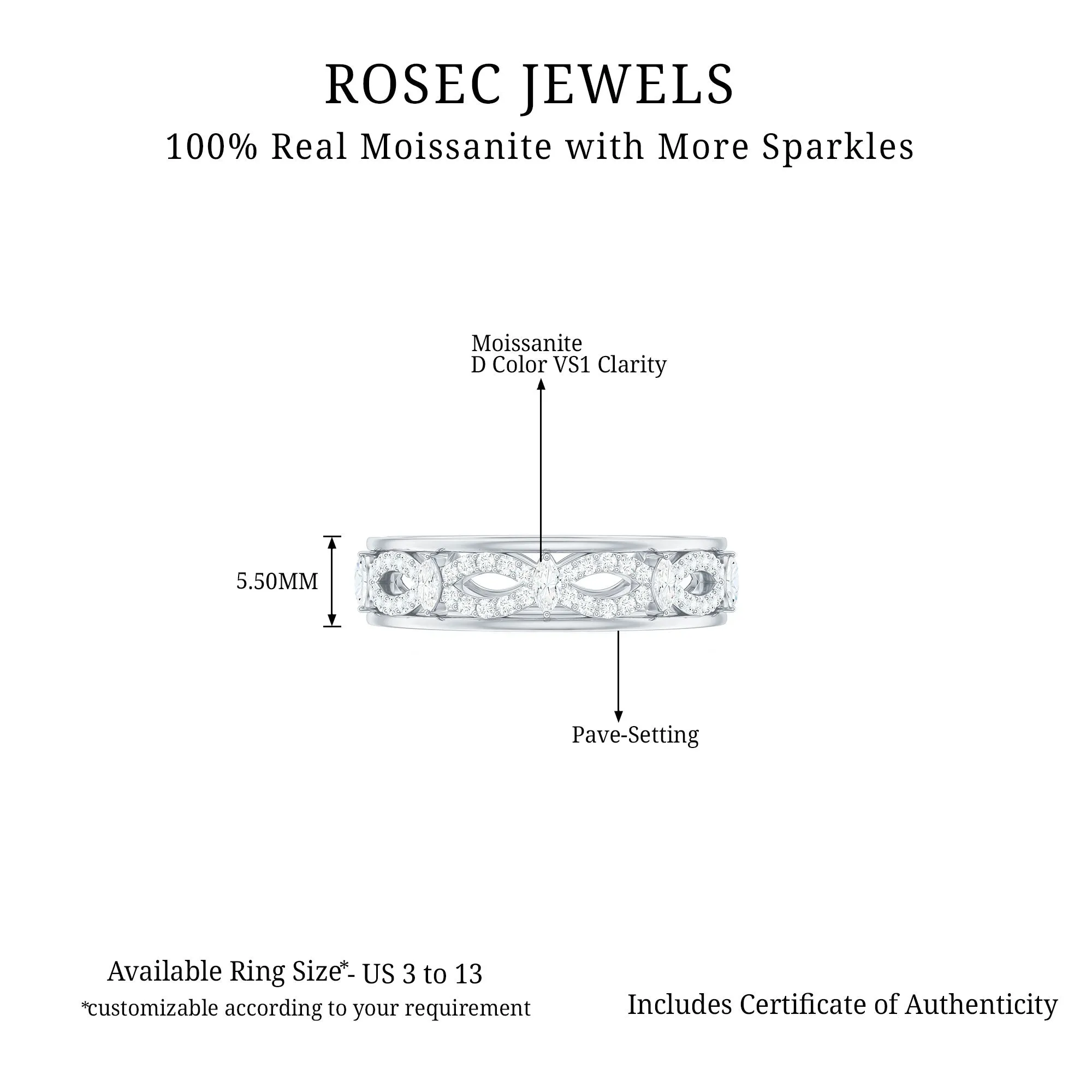 1/2 CT Certified Moissanite Infinity Wedding Band Ring in Gold