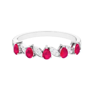 1.25 CT Pear Ruby Half Eternity Band Ring with Diamond