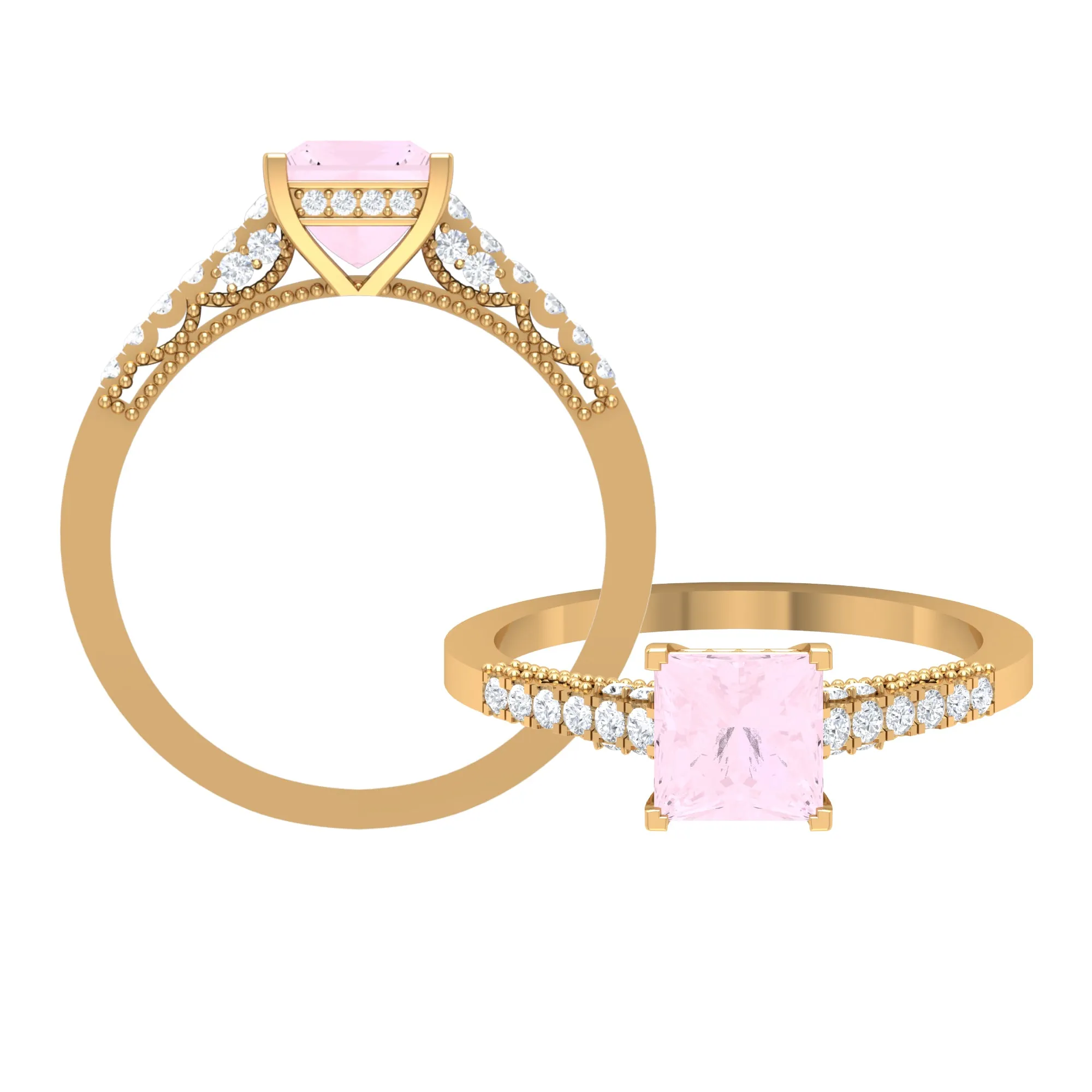 1.25 CT Solitaire Rose Quartz and Diamond Side Stone Ring