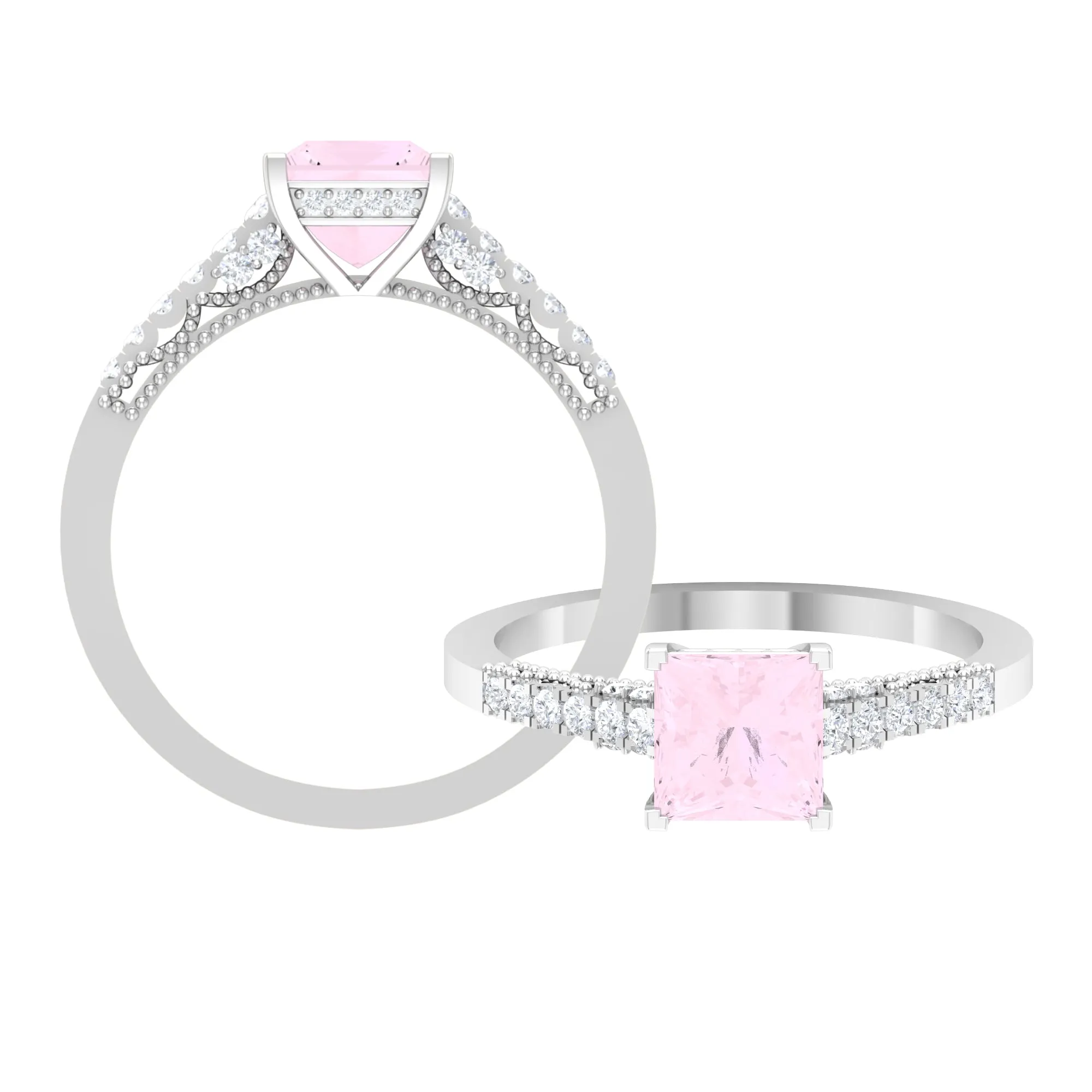 1.25 CT Solitaire Rose Quartz and Diamond Side Stone Ring