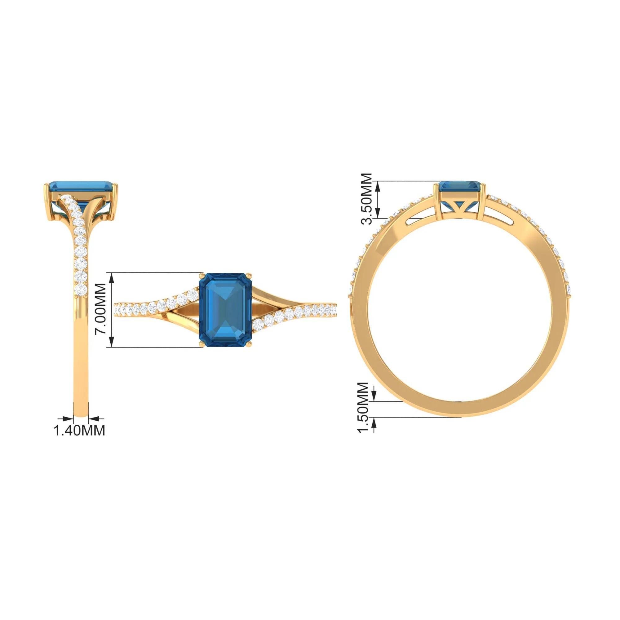 1.25 CT Split Shank London Blue Topaz Solitaire Ring with Diamond