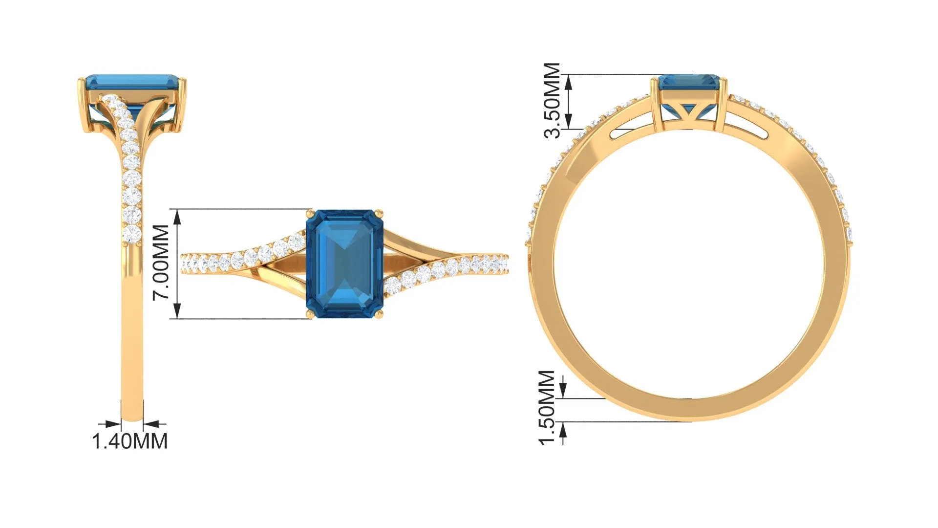 1.25 CT Split Shank London Blue Topaz Solitaire Ring with Diamond