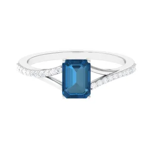 1.25 CT Split Shank London Blue Topaz Solitaire Ring with Diamond