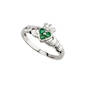 14ct White Gold Emerald Claddagh Ring