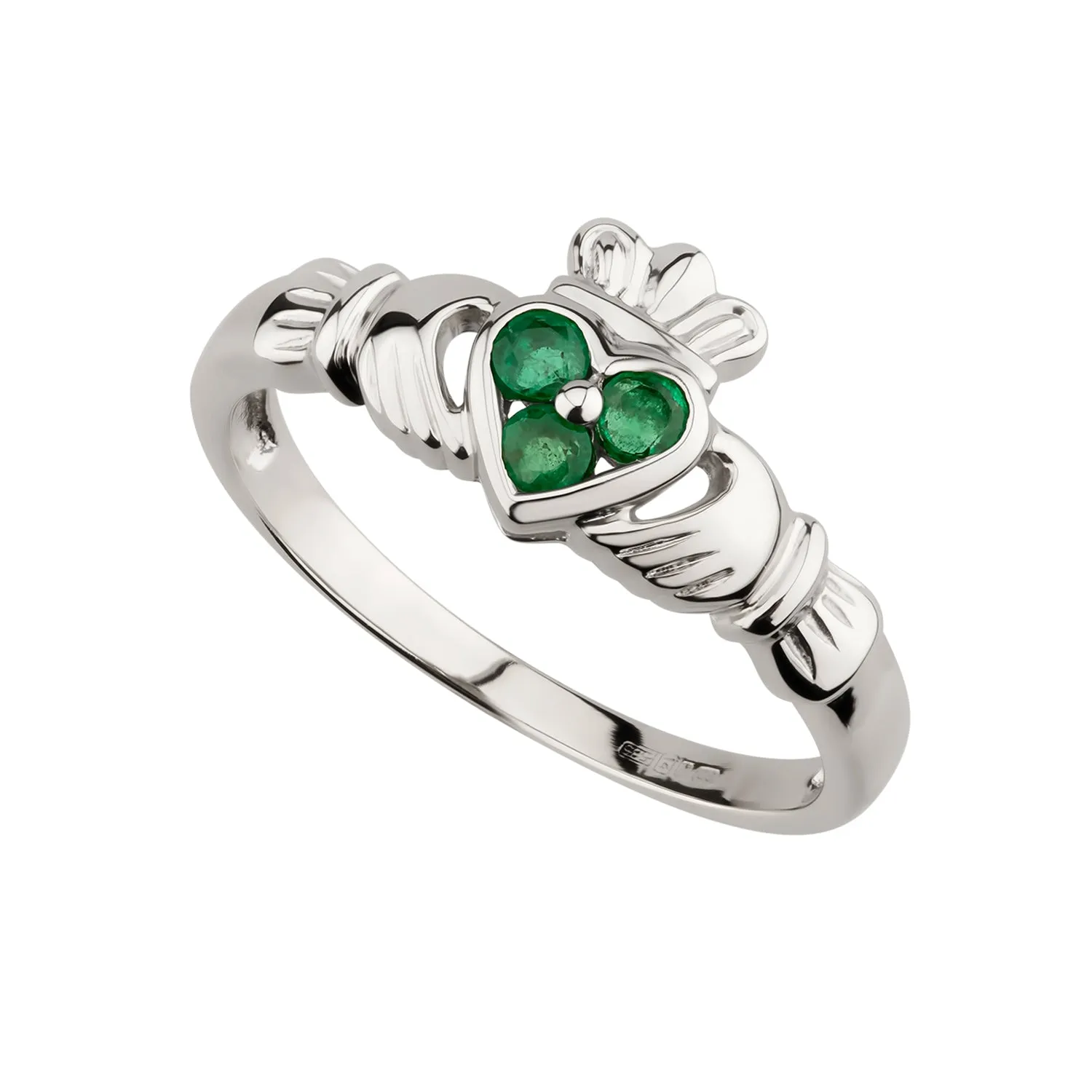 14ct White Gold Emerald Claddagh Ring