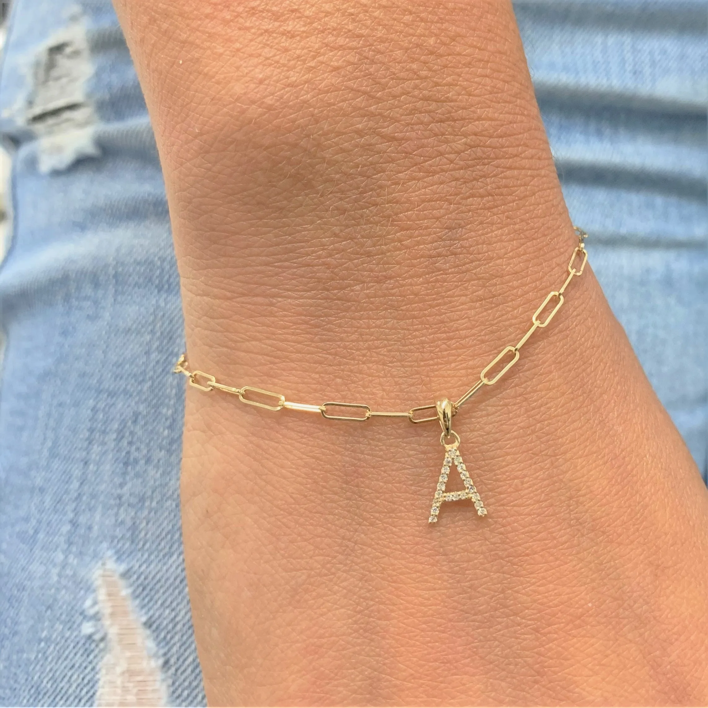 14k Gold & Diamond Initial Link Bracelet - 0.04ct - 0.09 ct