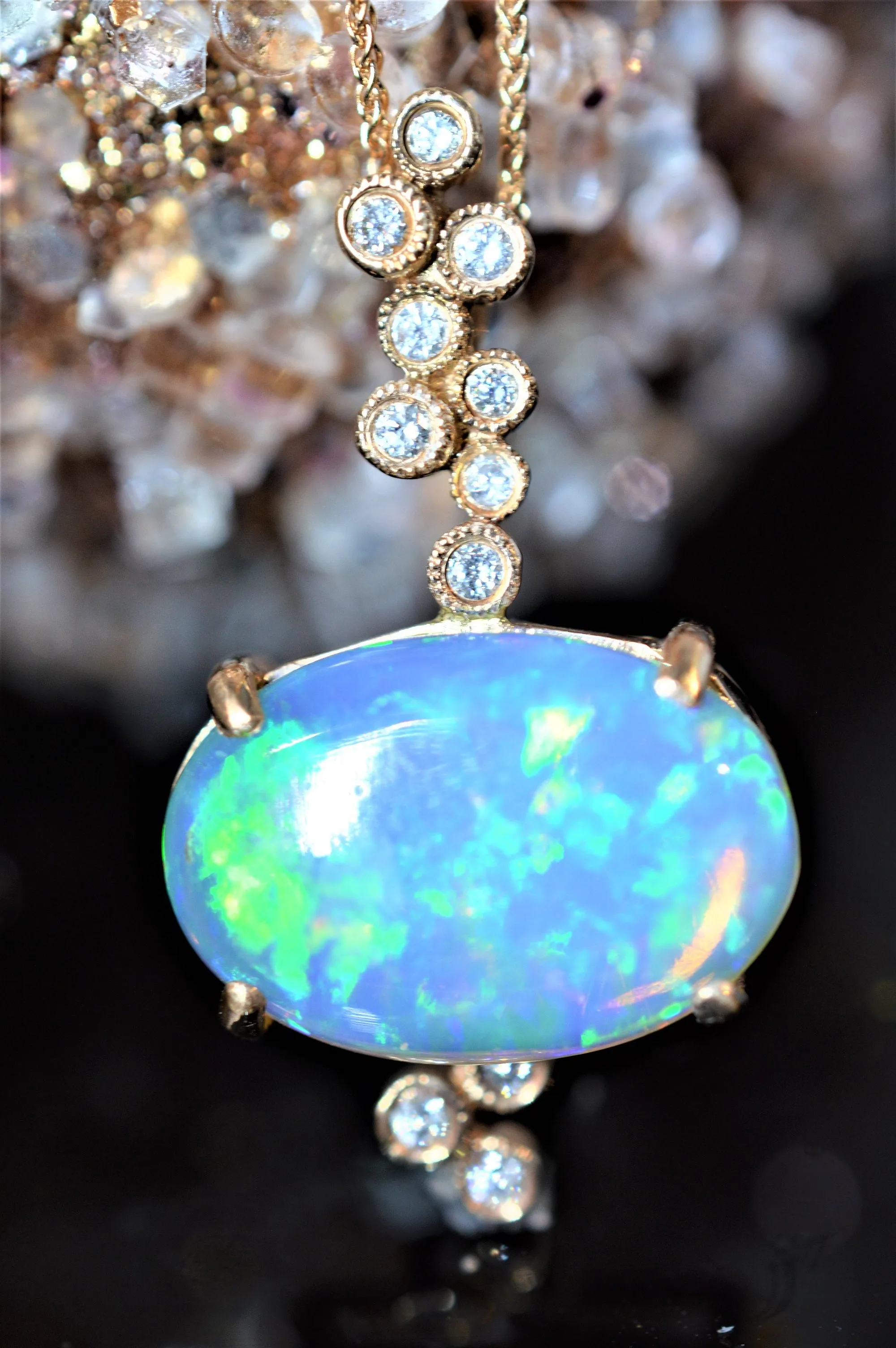14K Rose Gold Diamond and Oval Ethiopian Opal Pendant