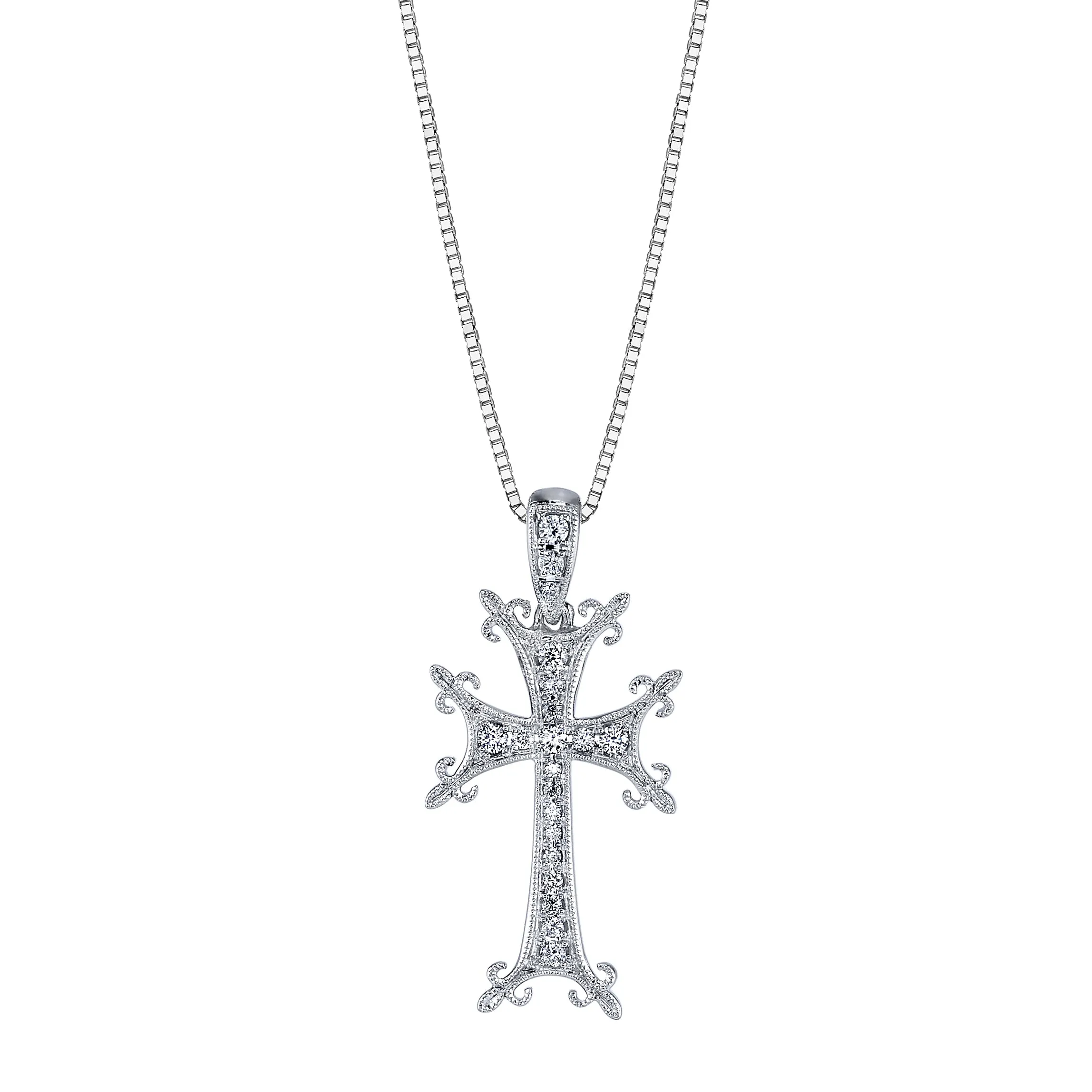 14K White Gold Diamond Cross Necklace