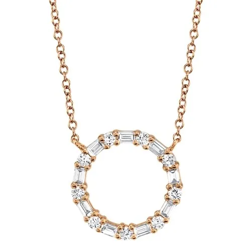 14KT GOLD .29 CTW BAGUETTE & ROUND DIAMOND CIRCLE NECKLACE