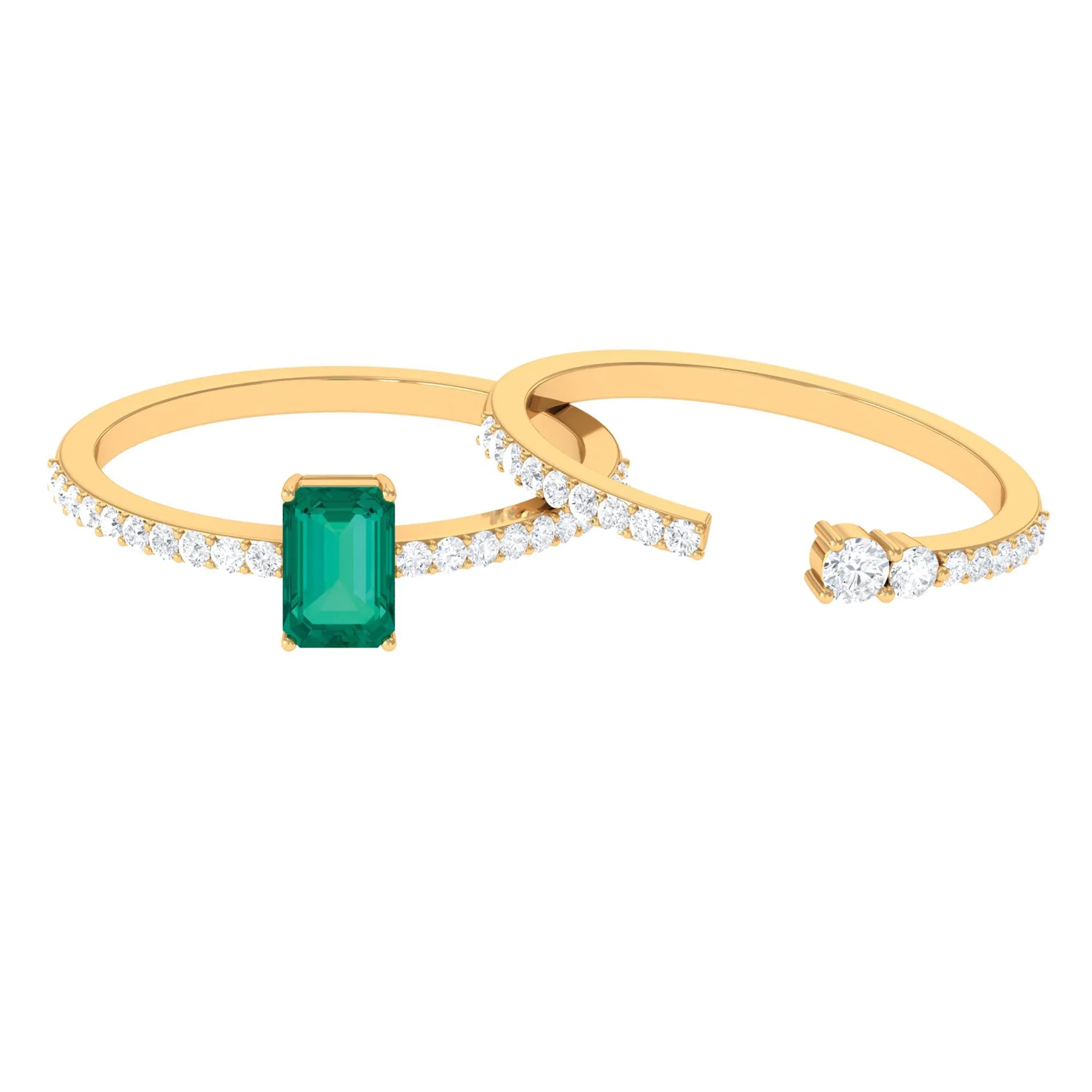 1.5 CT Certified Green Emerald Solitaire Ring Set with Diamond Band