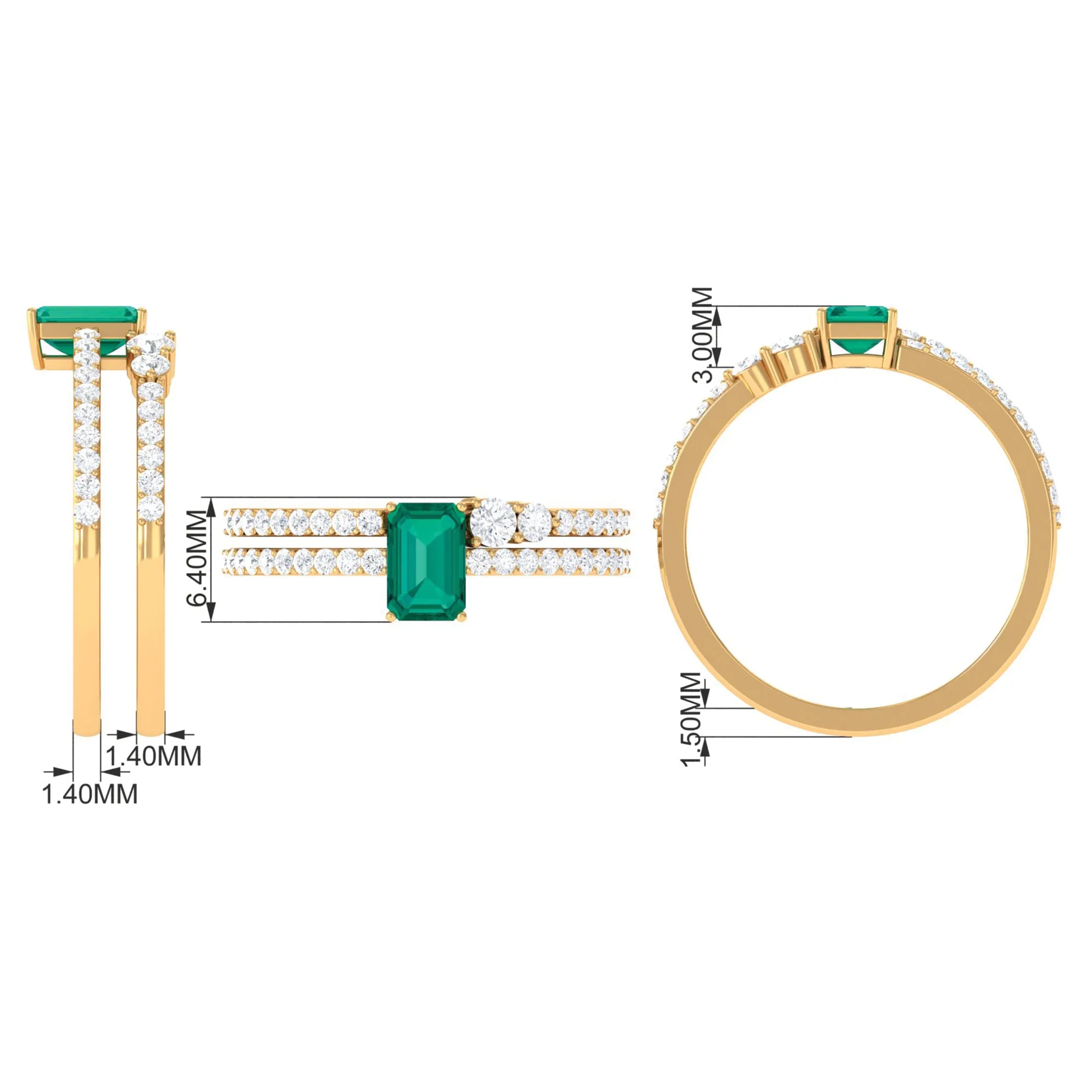 1.5 CT Certified Green Emerald Solitaire Ring Set with Diamond Band