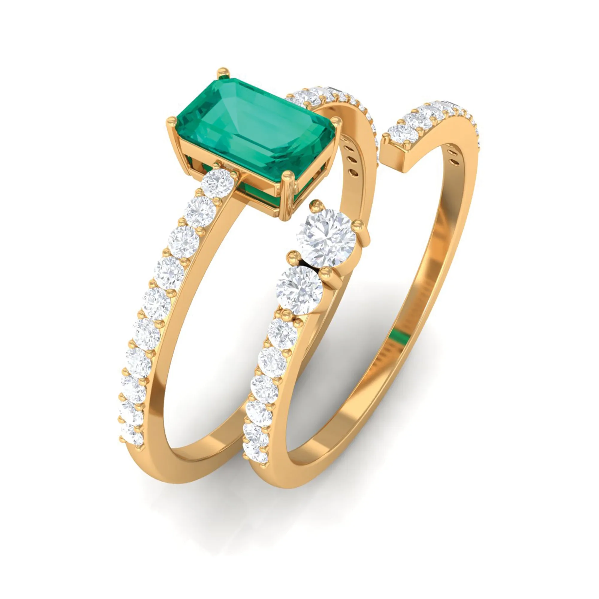 1.5 CT Certified Green Emerald Solitaire Ring Set with Diamond Band