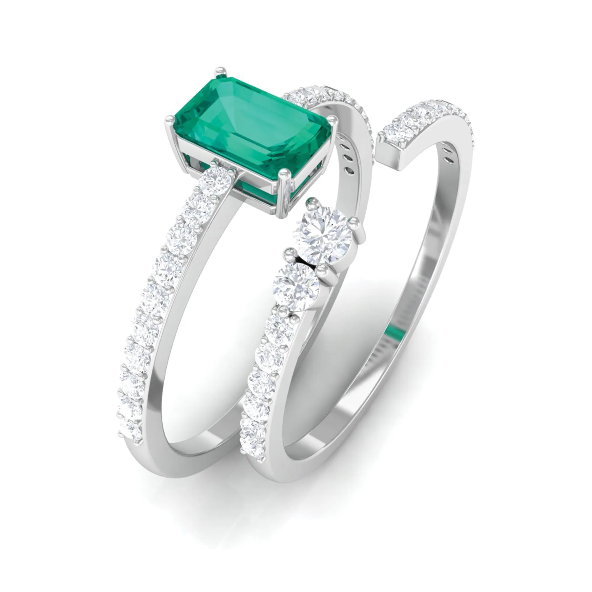 1.5 CT Certified Green Emerald Solitaire Ring Set with Diamond Band
