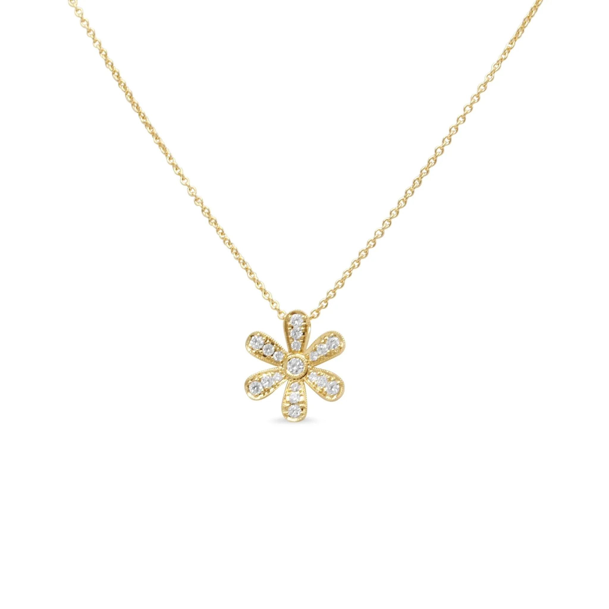 18ct Yellow Gold Diamond Flower Pendant Necklace 17"