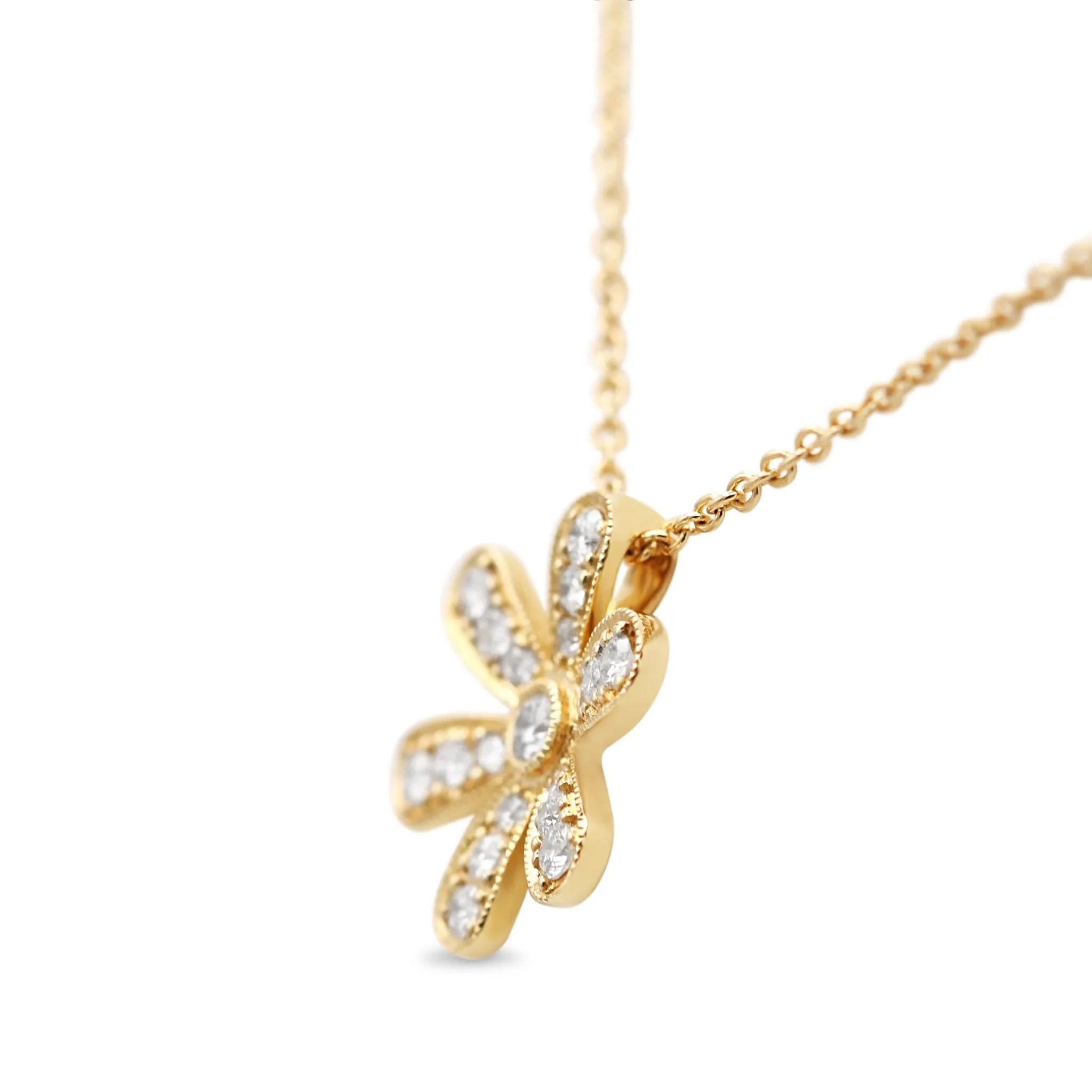 18ct Yellow Gold Diamond Flower Pendant Necklace 17"