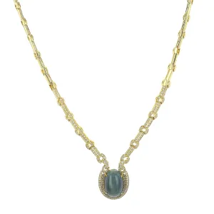 18K Gold Cat's Eye Tourmaline and Diamond Halo Necklace