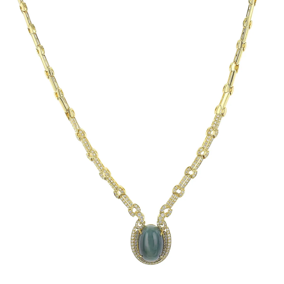 18K Gold Cat's Eye Tourmaline and Diamond Halo Necklace
