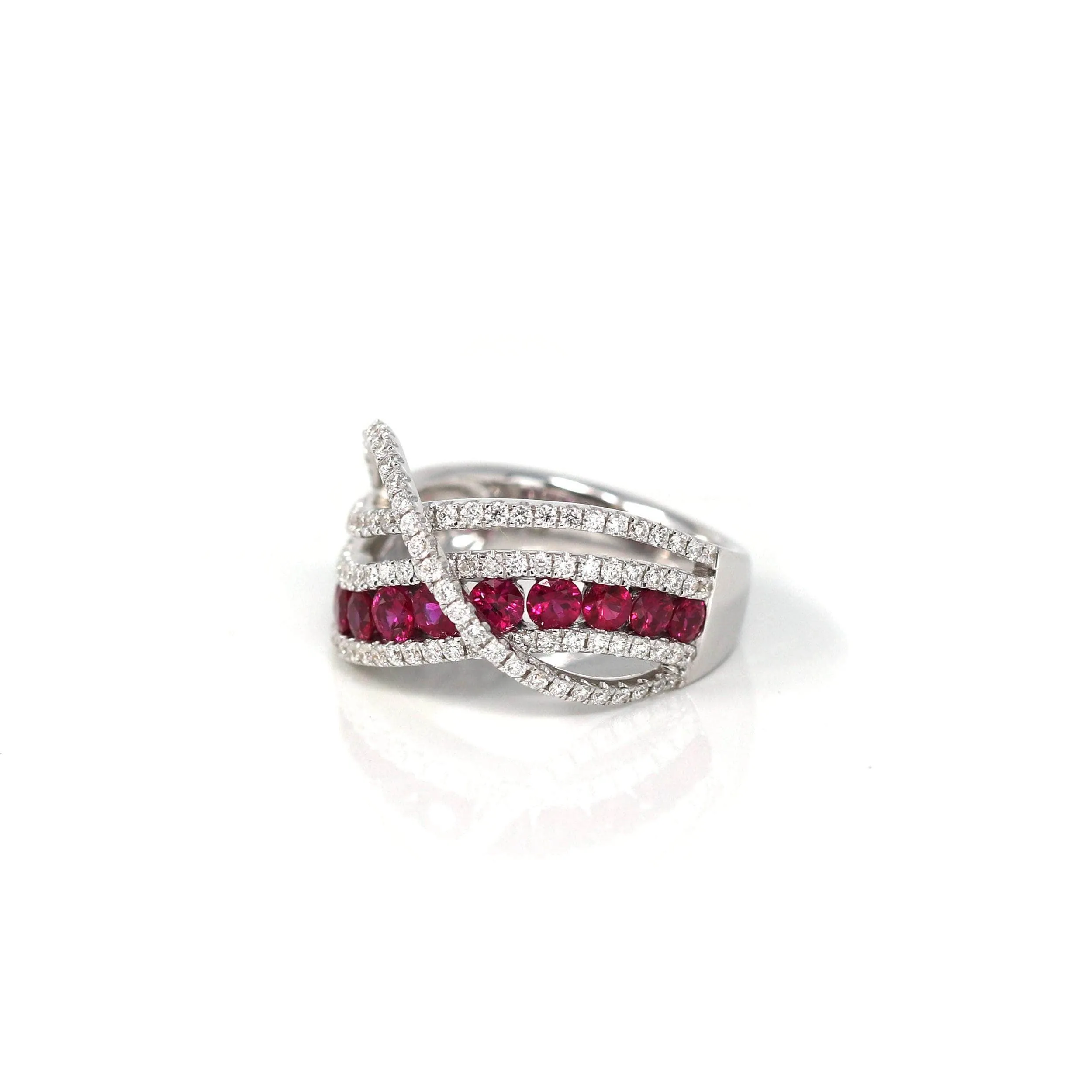 18k White Gold Natural Ruby Channel Set Fancy Ring with Diamonds