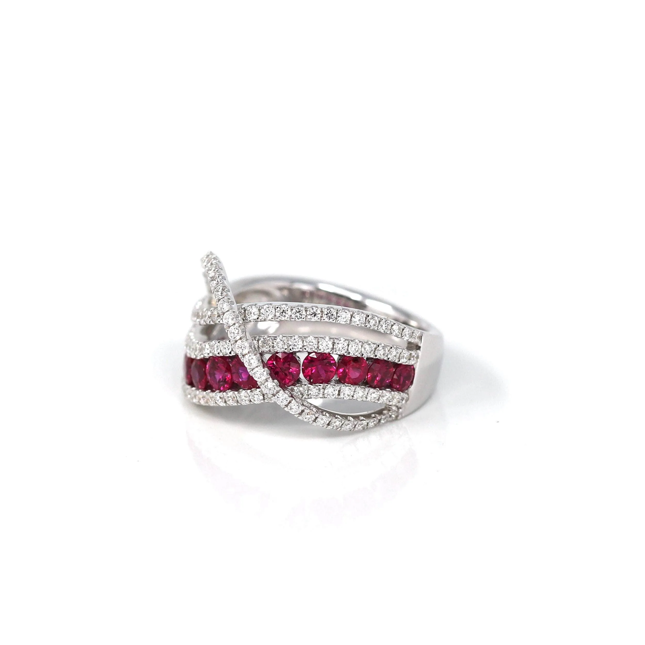 18k White Gold Natural Ruby Channel Set Fancy Ring with Diamonds
