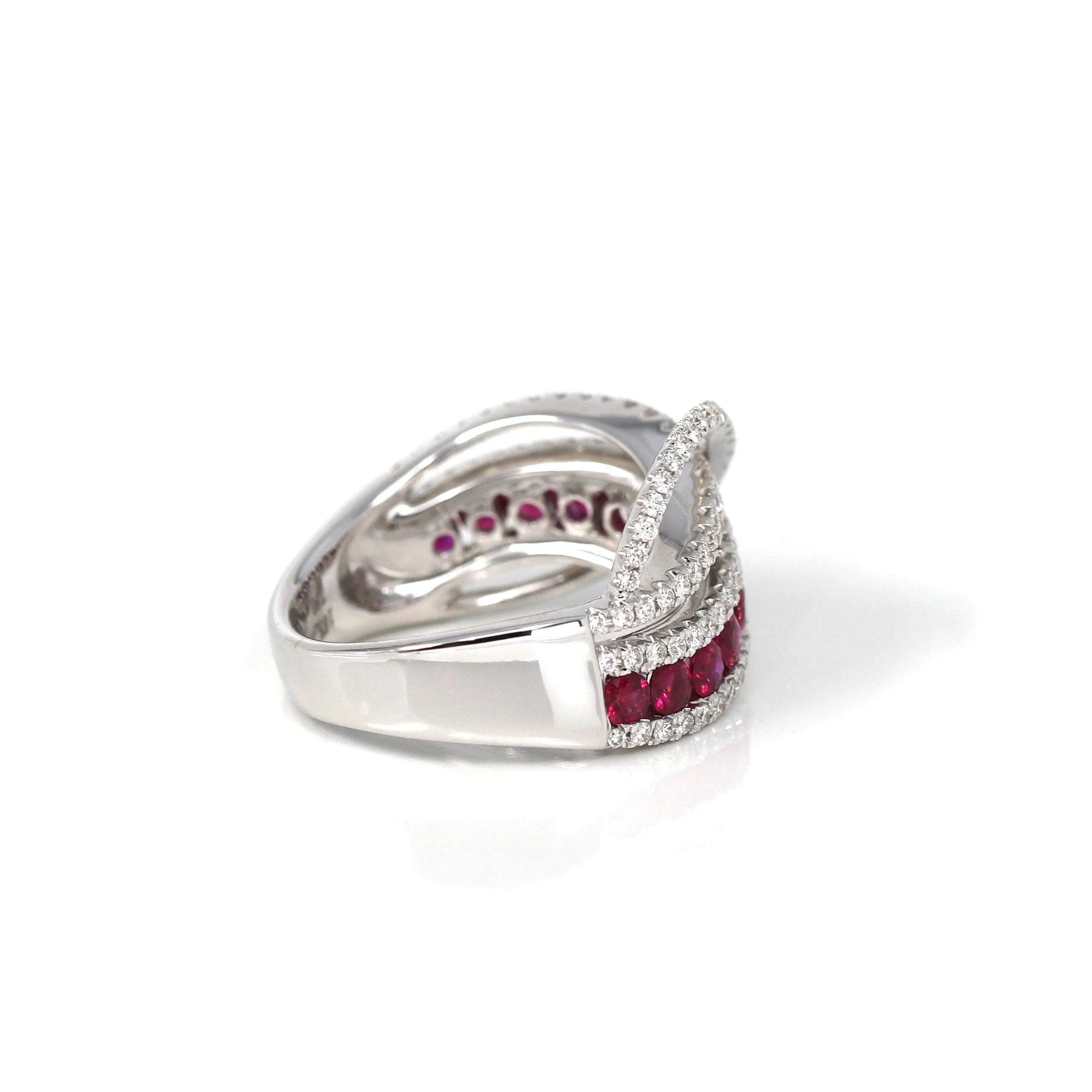 18k White Gold Natural Ruby Channel Set Fancy Ring with Diamonds
