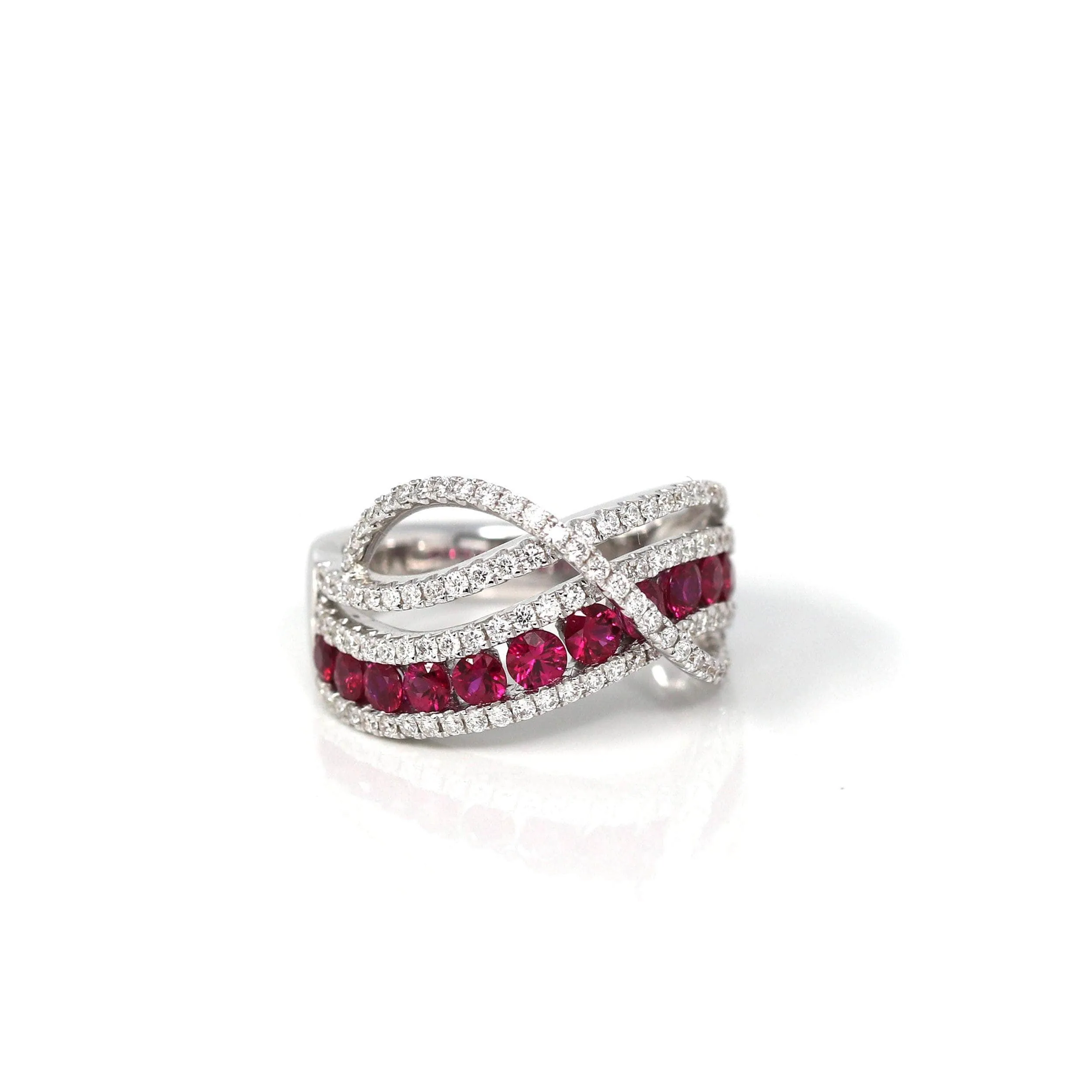 18k White Gold Natural Ruby Channel Set Fancy Ring with Diamonds