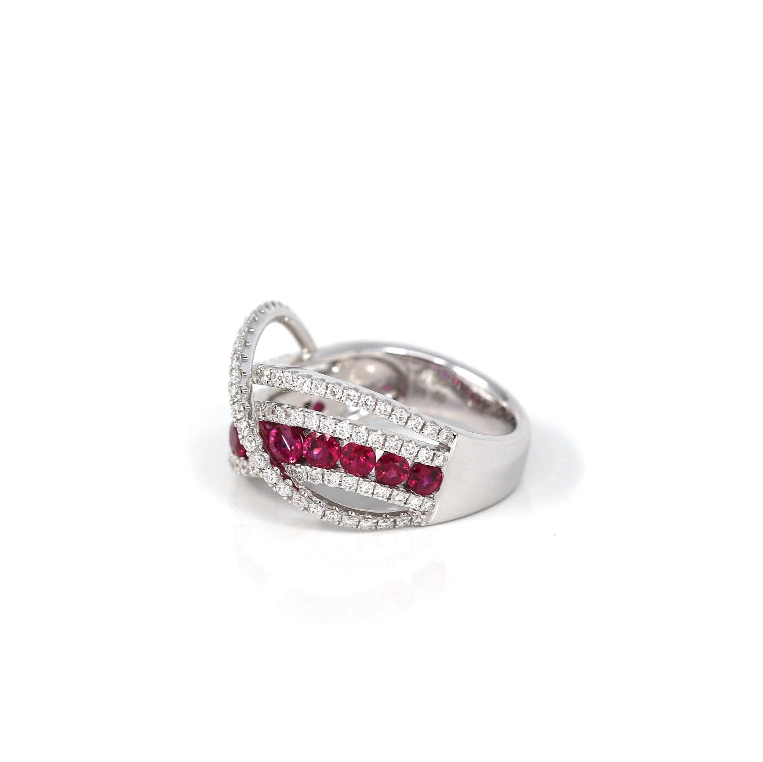 18k White Gold Natural Ruby Channel Set Fancy Ring with Diamonds