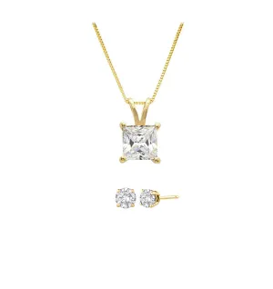 18K Yellow Gold 3ct White Sapphire Princess Cut 18 Inch Necklace and Round Earrings Set Plated