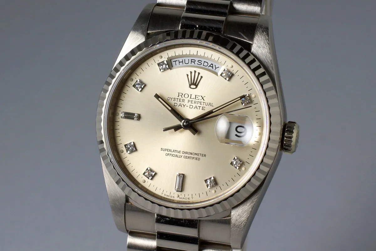 1994 Rolex WG Day-Date 18239 Factory Silver Diamond Dial