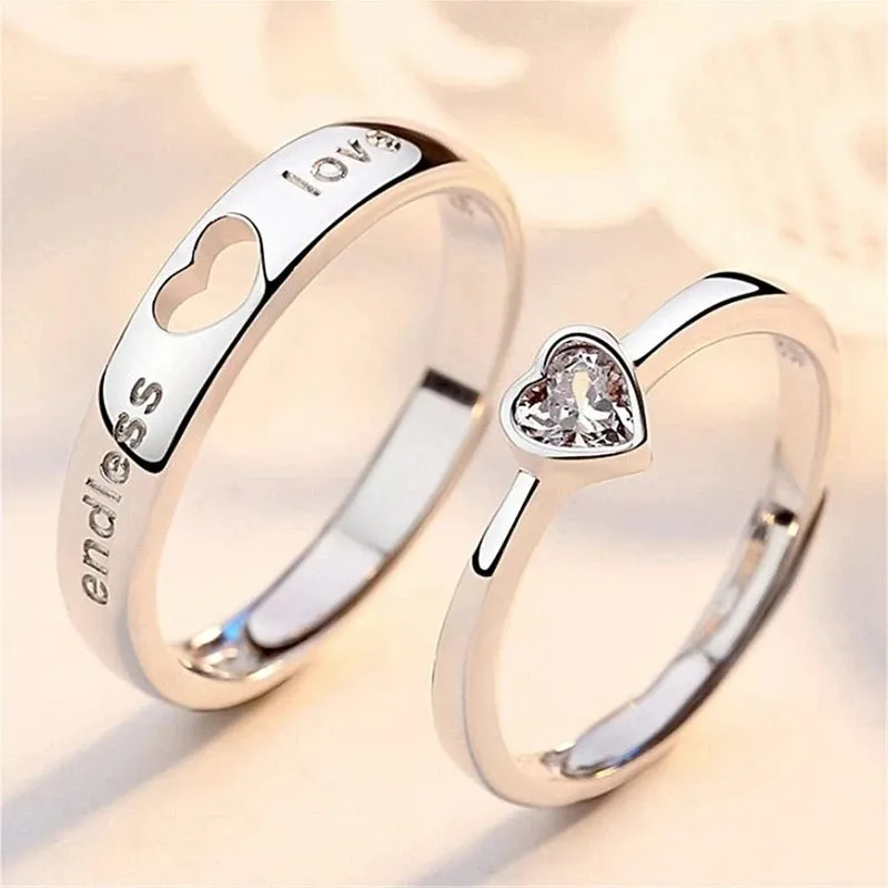 2-Piece Zircon Heart Couple Rings Set – Timeless Wedding Jewelry for Him and Her