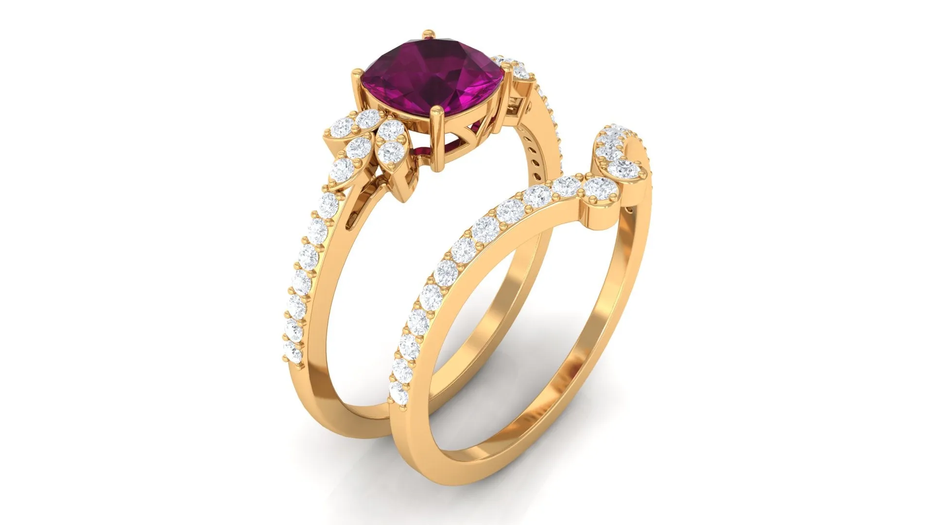 2.50 CT Cushion Cut Rhodolite and Diamond Bridal Ring Set