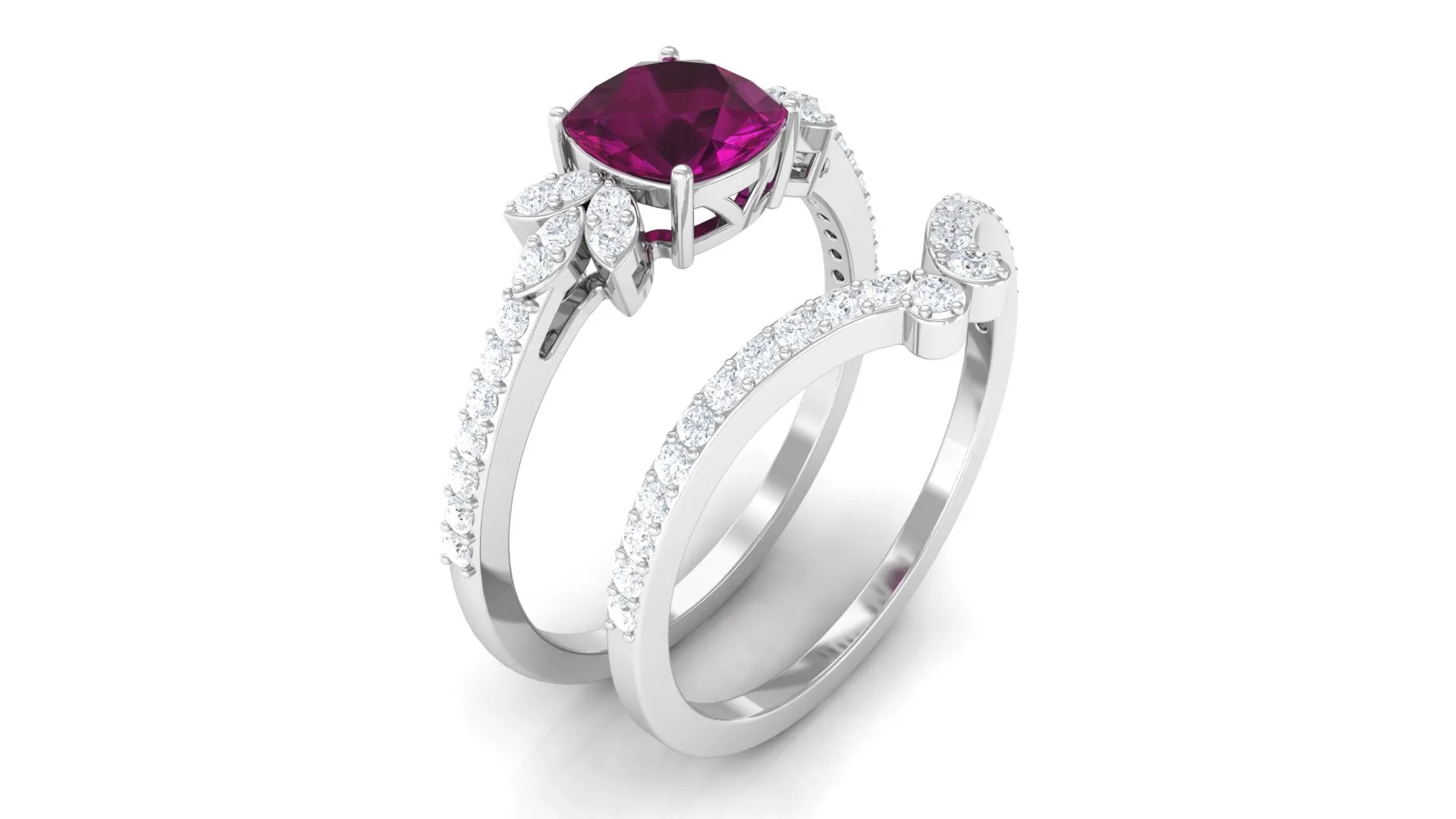 2.50 CT Cushion Cut Rhodolite and Diamond Bridal Ring Set