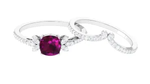 2.50 CT Cushion Cut Rhodolite and Diamond Bridal Ring Set
