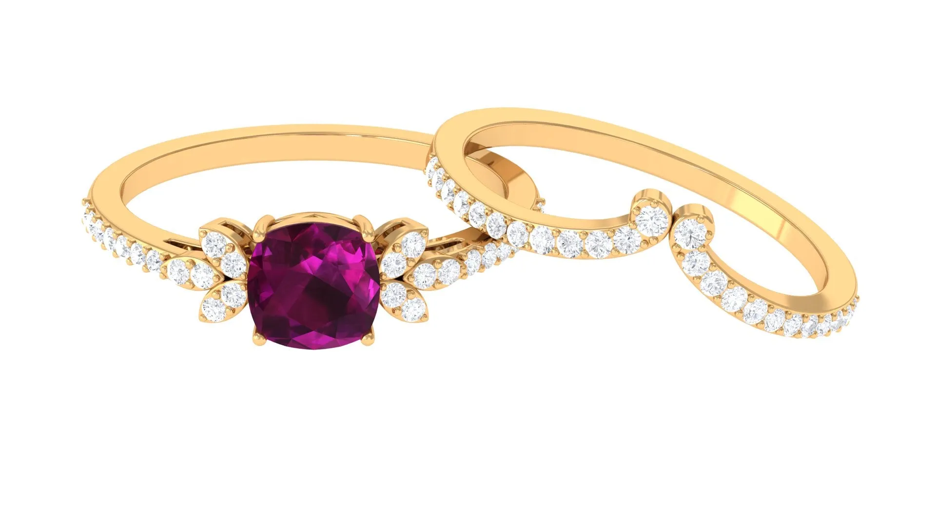 2.50 CT Cushion Cut Rhodolite and Diamond Bridal Ring Set