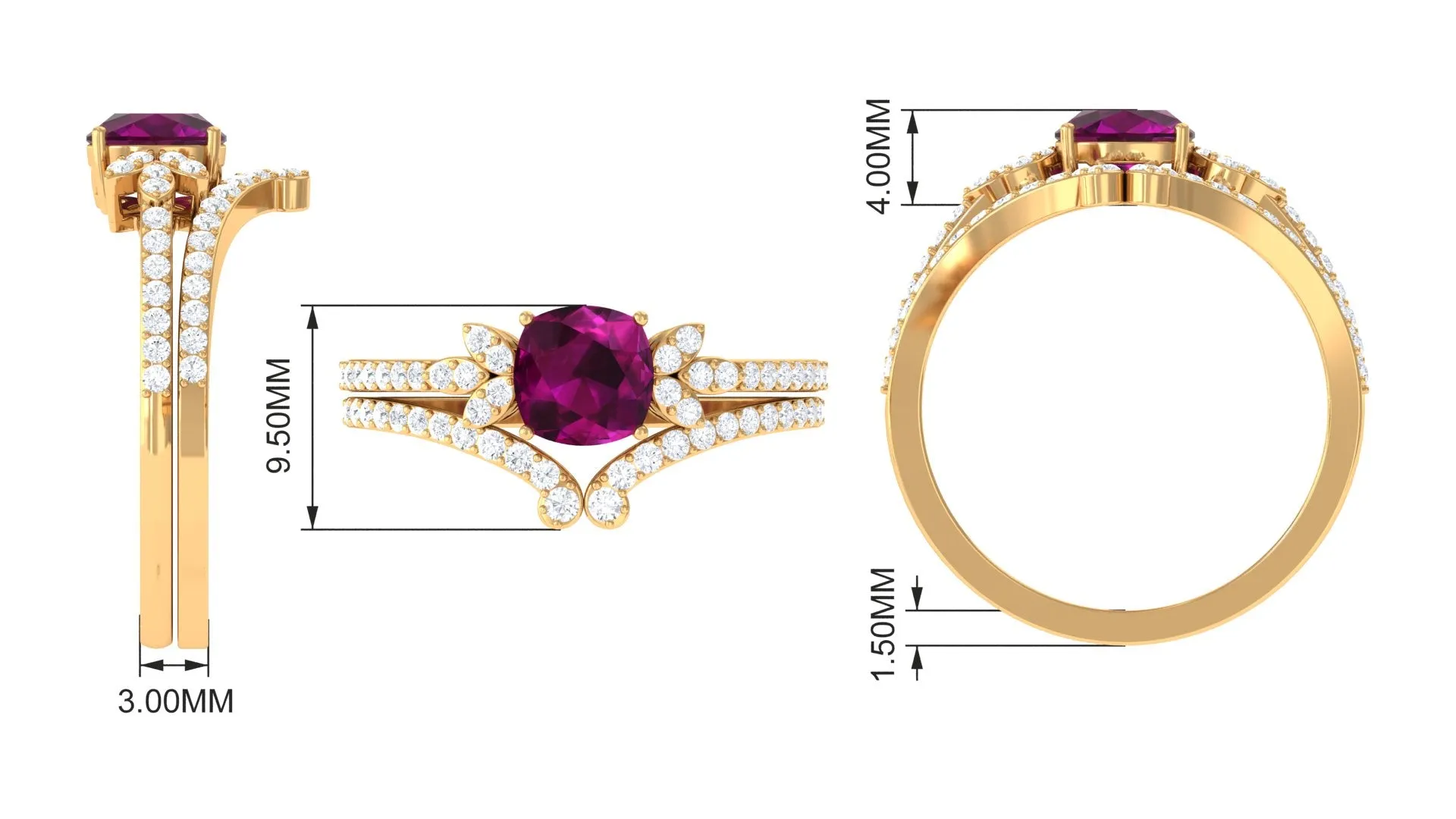 2.50 CT Cushion Cut Rhodolite and Diamond Bridal Ring Set