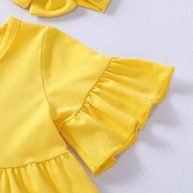 3-piece Solid Dress & Floral Pattern Jeans & Headband for Toddler Girl