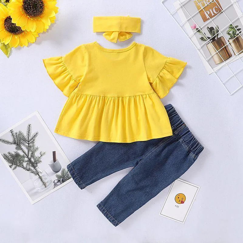 3-piece Solid Dress & Floral Pattern Jeans & Headband for Toddler Girl