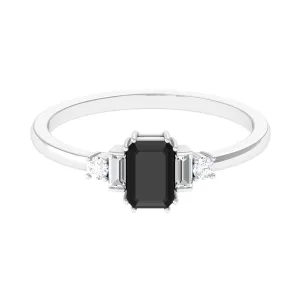 3/4 CT Octagon Cut Black Spinel Solitaire Ring with Diamond