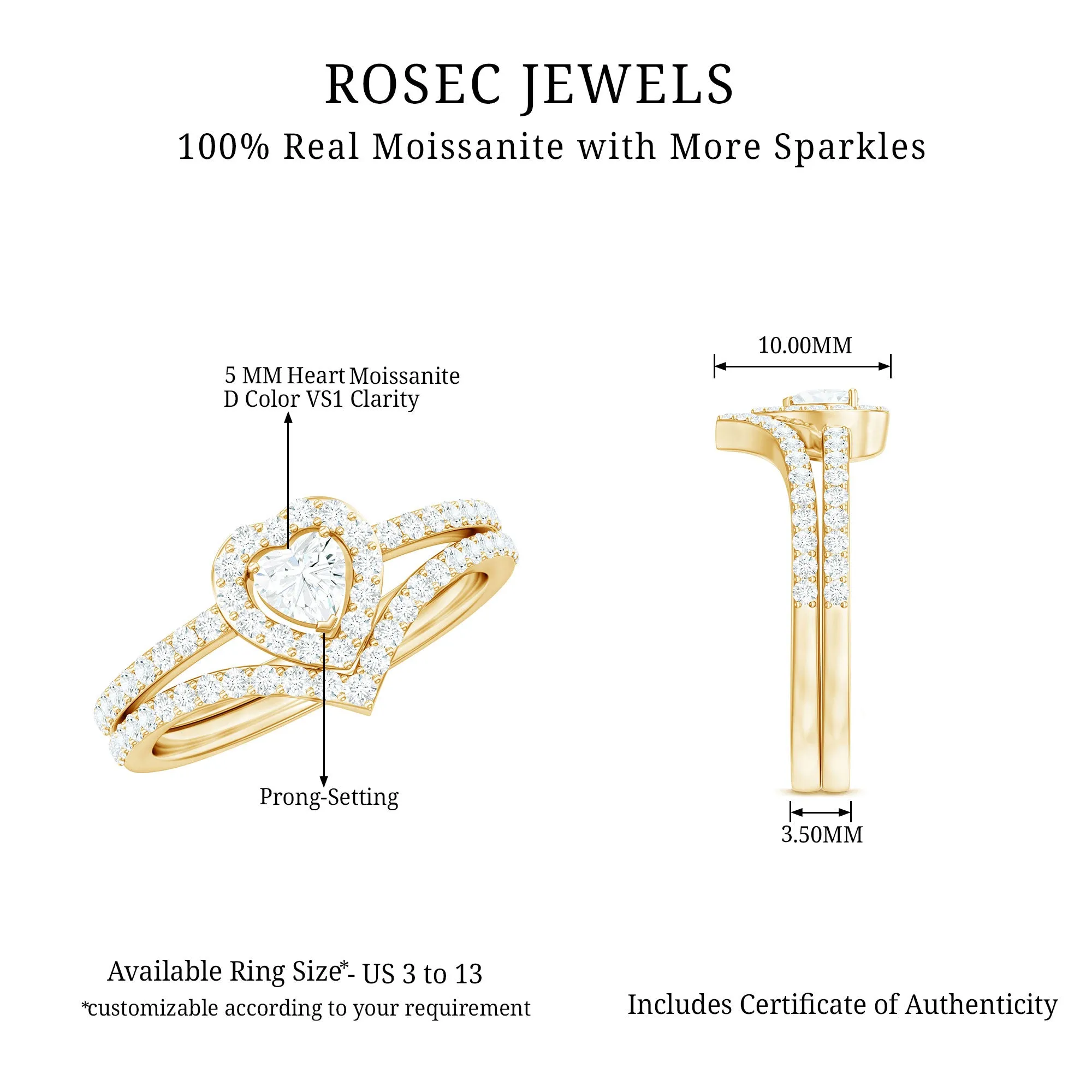 3.50 CT Heart Shape Moissanite Wedding Ring Set in Gold