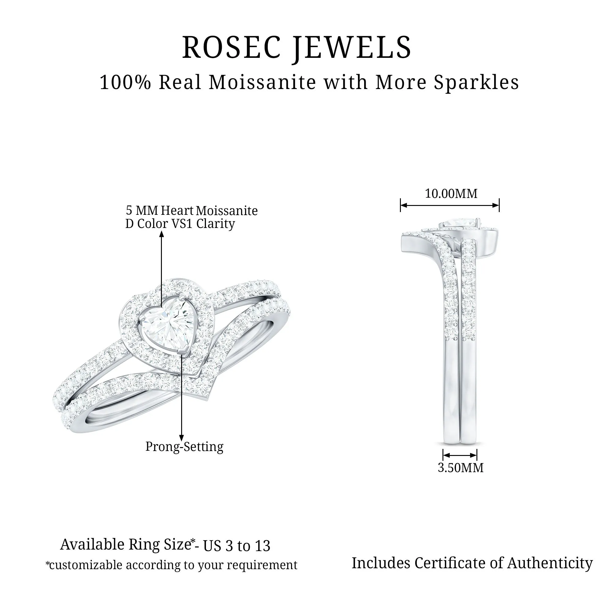 3.50 CT Heart Shape Moissanite Wedding Ring Set in Gold
