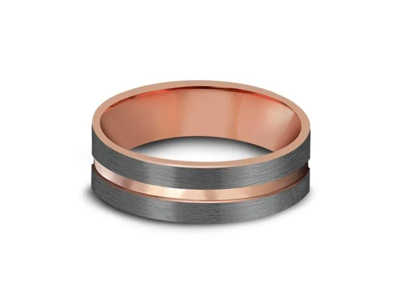 6MM BRUSHED GRAY Tungsten Wedding Band ROSE GOLD CENTER AND ROSE GOLD INTERIOR