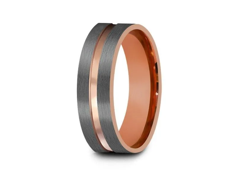 6MM BRUSHED GRAY Tungsten Wedding Band ROSE GOLD CENTER AND ROSE GOLD INTERIOR