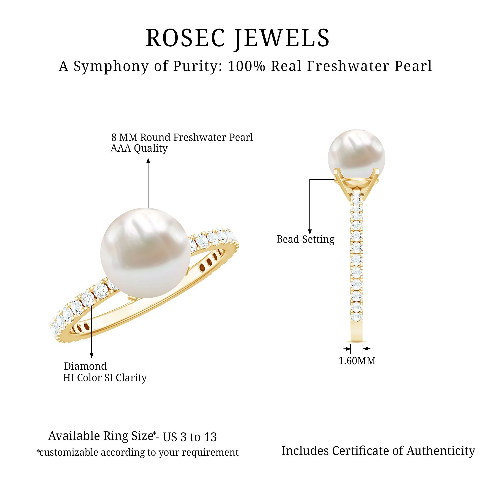 8.25 CT Fresh Water Pearl Solitaire with Diamond Side Stone Ring