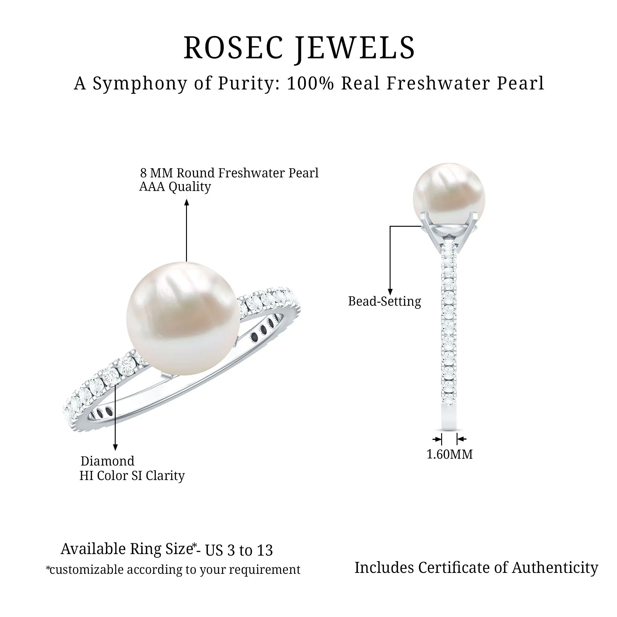 8.25 CT Fresh Water Pearl Solitaire with Diamond Side Stone Ring