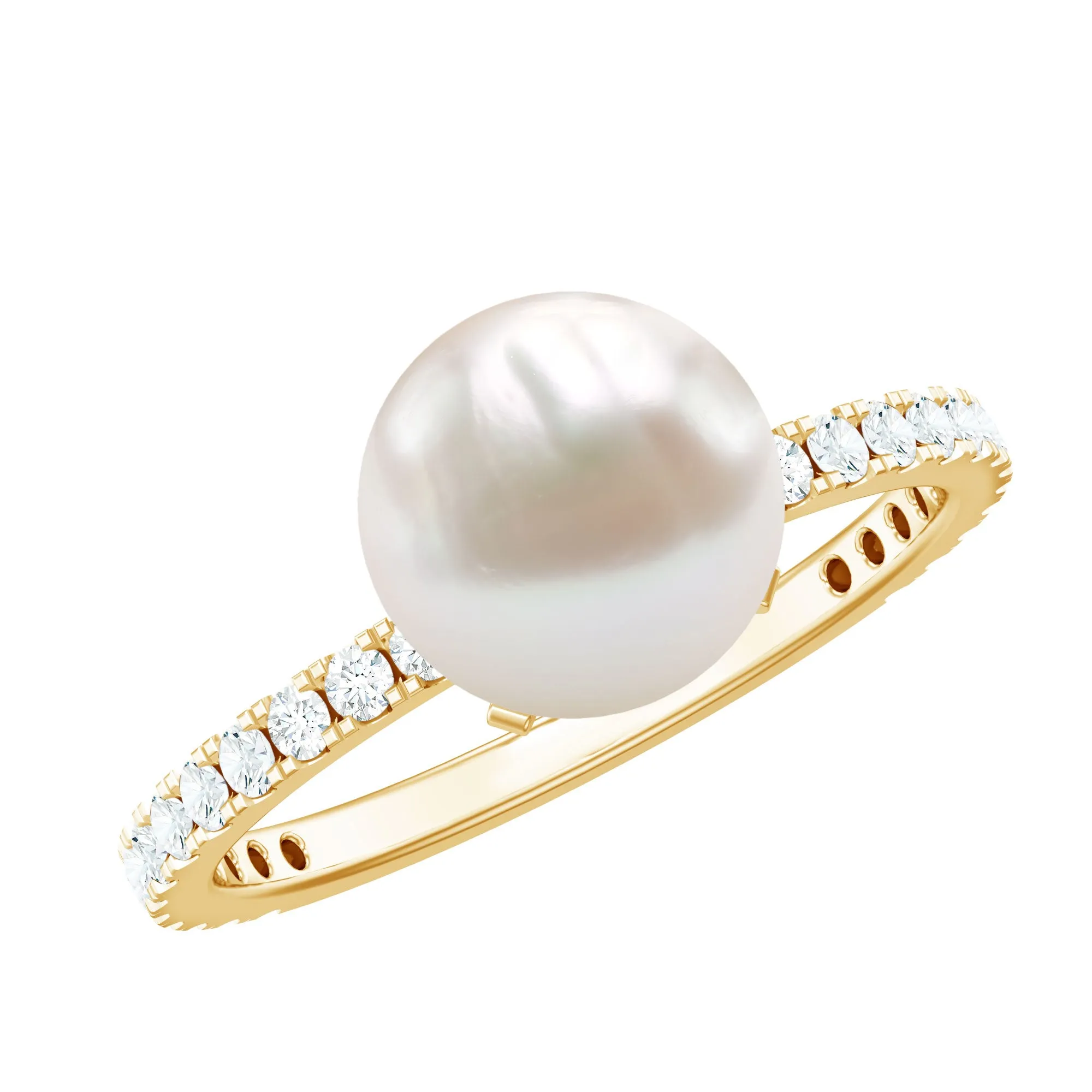 8.25 CT Fresh Water Pearl Solitaire with Diamond Side Stone Ring