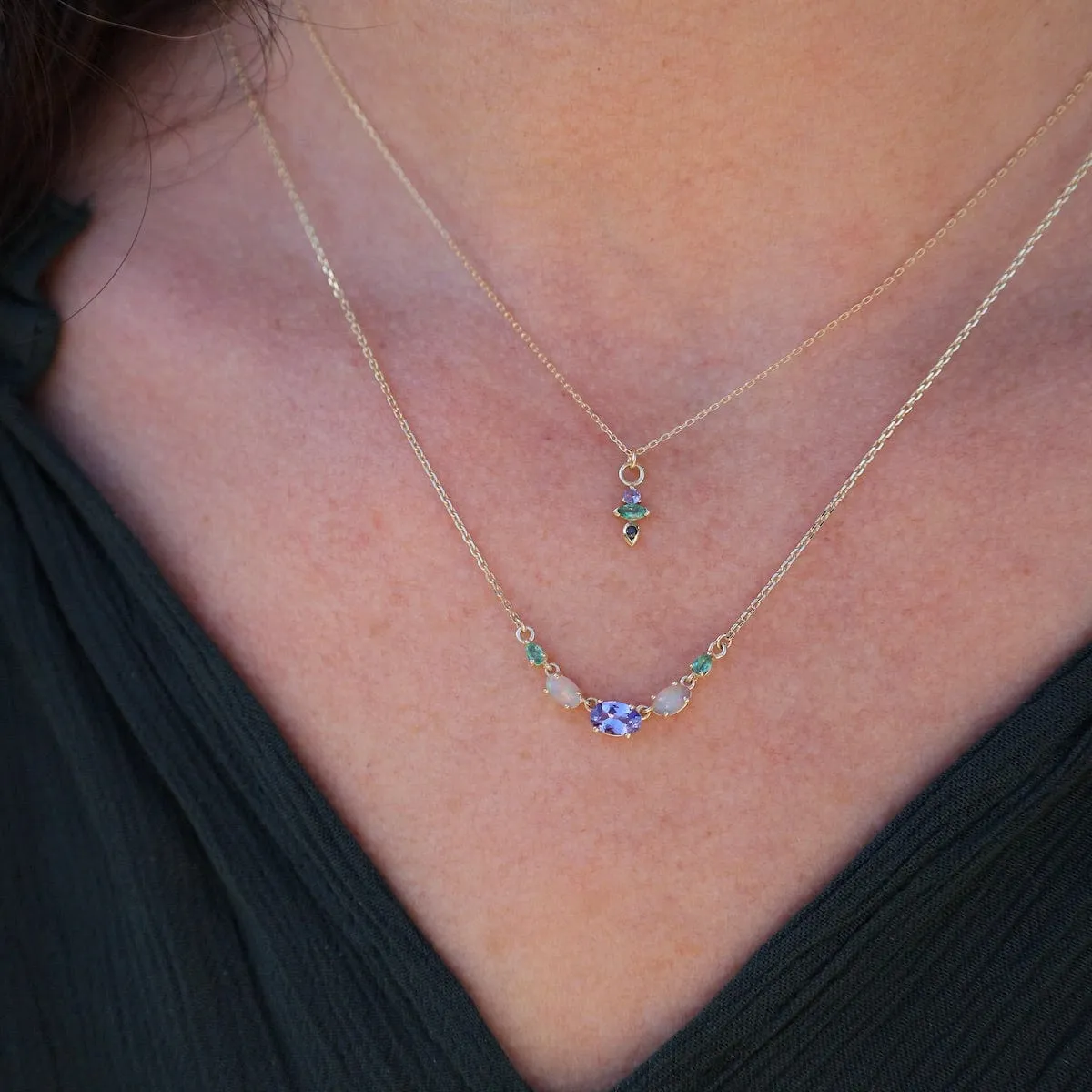 9k Yellow Gold Multi Gemstone Claw Set Necklace - Tanzanite, Blue Opal & Emerald
