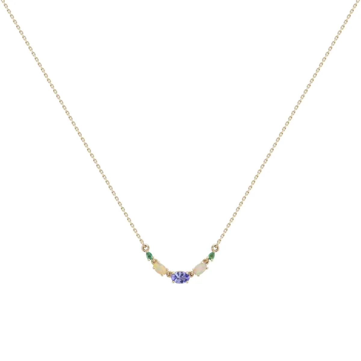 9k Yellow Gold Multi Gemstone Claw Set Necklace - Tanzanite, Blue Opal & Emerald