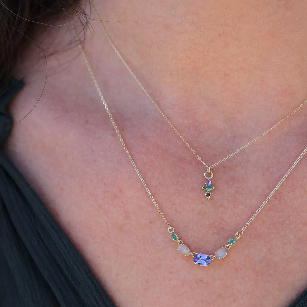 9k Yellow Gold Multi Gemstone Claw Set Necklace - Tanzanite, Blue Opal & Emerald