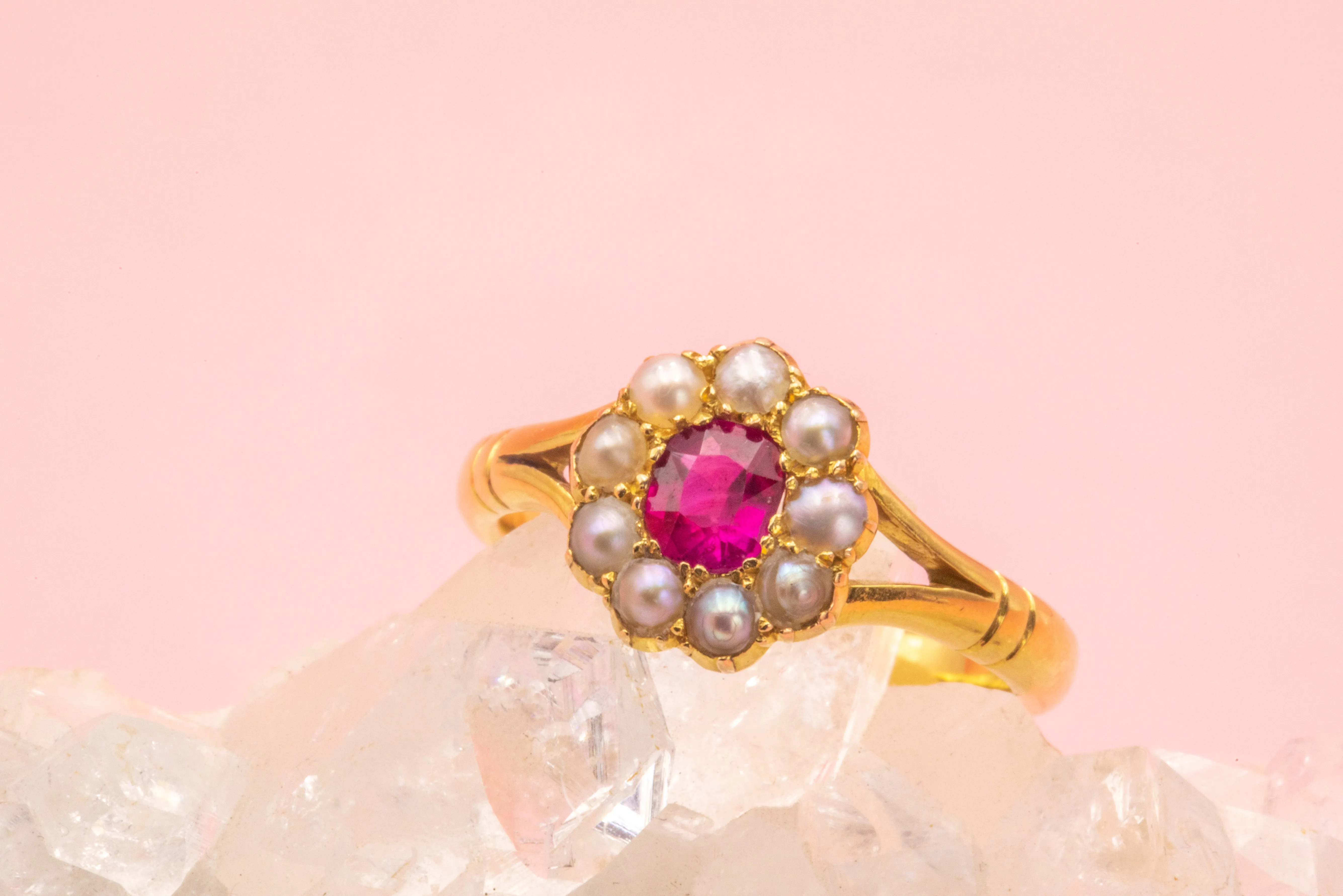 Antique 18ct Gold Ruby Pearl Ring, 0.30ct