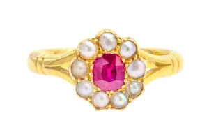 Antique 18ct Gold Ruby Pearl Ring, 0.30ct